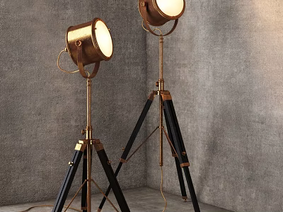 Vintage Brass Floor Lamps With Black Tripod Stand Against Gray Wall Background 3d model