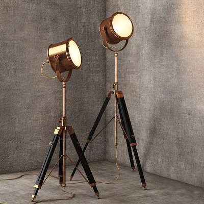 Vintage Brass Floor Lamps With Black Tripod Stand Against Gray Wall Background 3d model