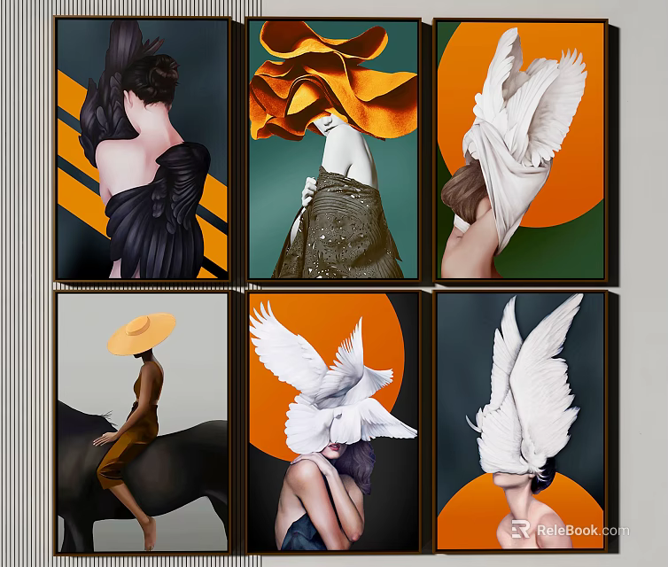 Portrait Paintings With Wings Hats Costumes And Colorful Collage Arrangement 3d model 