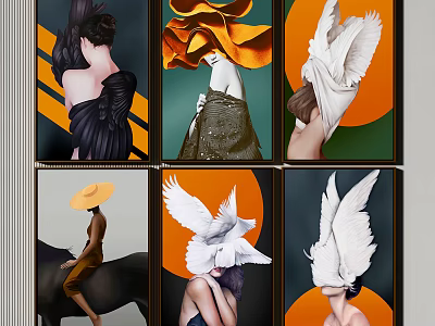 Portrait Paintings With Wings Hats Costumes And Colorful Collage Arrangement 3d model