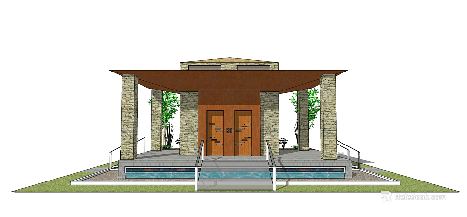 Entrance With Double Doors Stone Pillars Roof Structure Steps Green Plants And Water Pool 3d model 