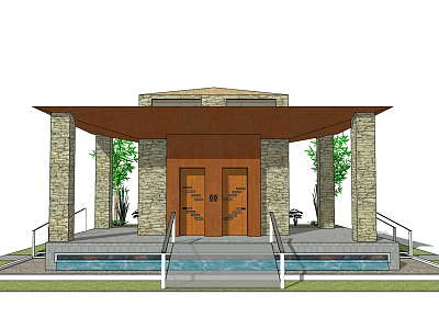 Entrance With Double Doors Stone Pillars Roof Structure Steps Green Plants And Water Pool 3d model