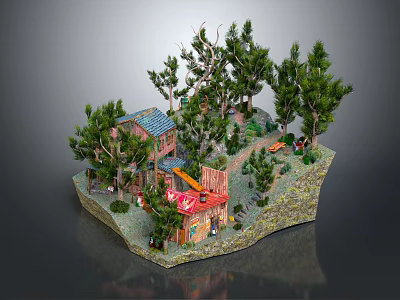 Colorful Cartoon Scene With Lush Trees Small Cabin Slide Winding Path And Greenery 3d model