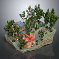 Colorful Cartoon Scene With Lush Trees Small Cabin Slide Winding Path And Greenery