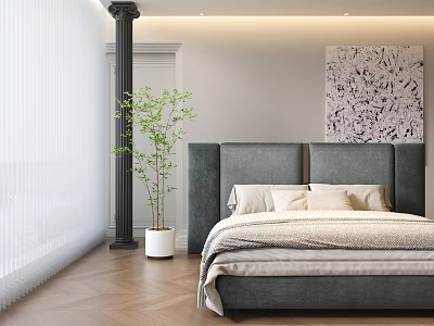 Gray Upholstered Double Bed With Wooden Floor White Curtains Green Plant And Abstract Wall Art 3d model