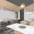 Elegant Hotpot Restaurant Interior With Large Wooden Chandelier Dining Tables And Chairs