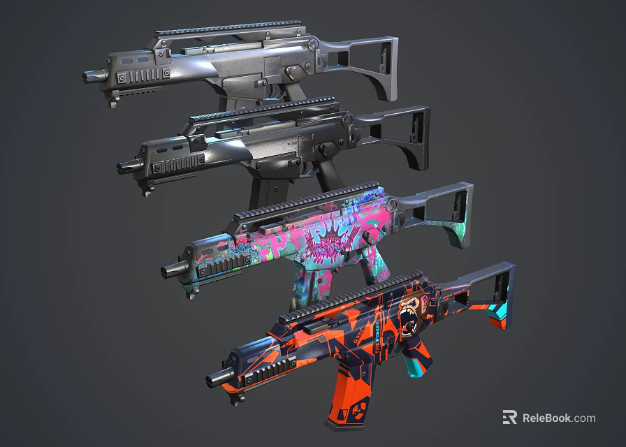 Colorful Tactical Weapons with Diverse Designs and Vibrant Patterns on 3d model 