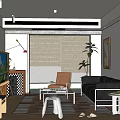 Modern Living Room Interior With Black Leather Sofa Brown Armchair Coffee Table And Plants
