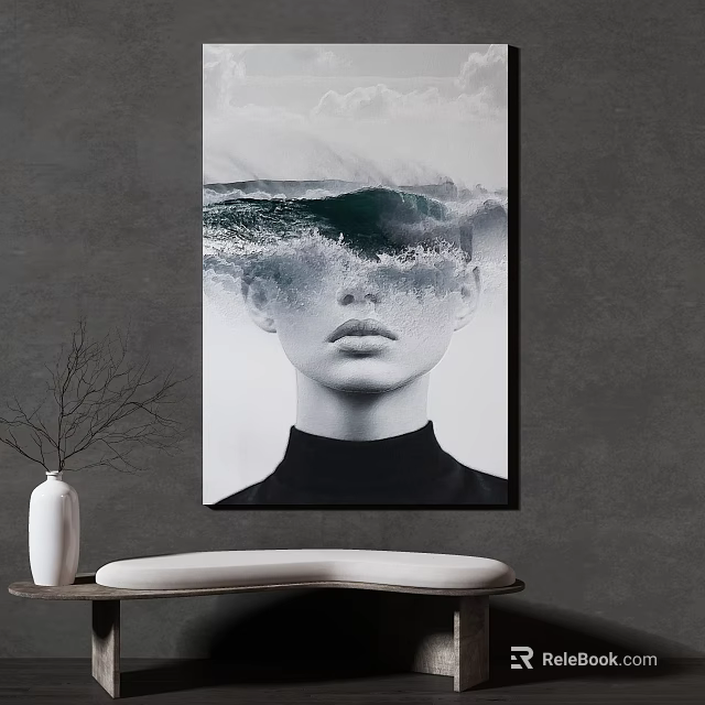 Figure Portrait Featuring Ocean Wave Overlay On Face Gray Wall Art 3d model
