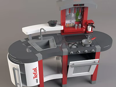 Tefal Commercial Kitchen Play Equipment With Red Grey Counter Sink Stove And Cabinets 3d model