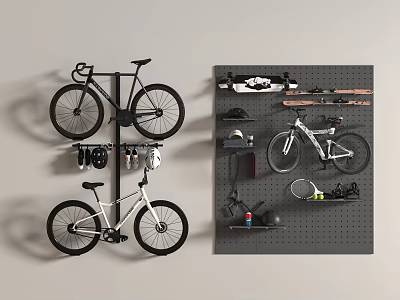 Wall Mounted Sports Equipment Storage With Bicycles Skateboard Helmets And Tennis Rackets 3d model