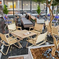 Modern Café Interior Design With Bar Counter Neon Signs Rock Wall Glass Ceiling And Plants