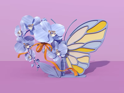 Window Display With Blue Orchids Butterfly Design Blue Yellow Wings Orange Ribbon On Pink Background 3d model