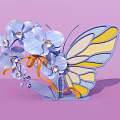 Window Display With Blue Orchids Butterfly Design Blue Yellow Wings Orange Ribbon On Pink Background