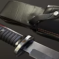 Tactical Metal Blade Knife With Black Stitched Leather Sheath And Textured Handle On Dark Surface