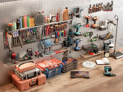 Organized Hardware Tools Workshop With Wall Mounted Tools Toolboxes And Hand Tools 3d model