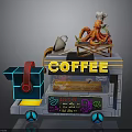 Cartoon Style Coffee Truck with Octopus Chef Hat Cup Headphone and Pasta on Blue Wheels