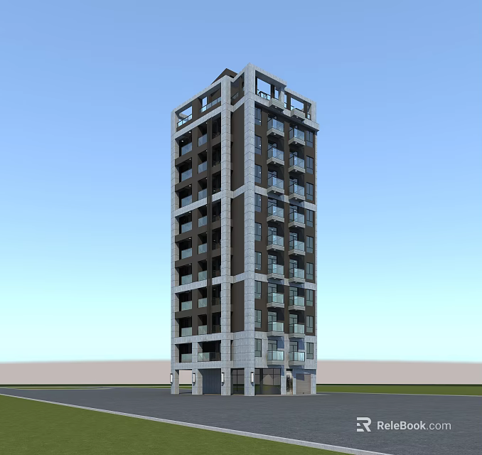 High Rise Modern Residential Building With Glass Stone Exterior And Balconies 3d model 