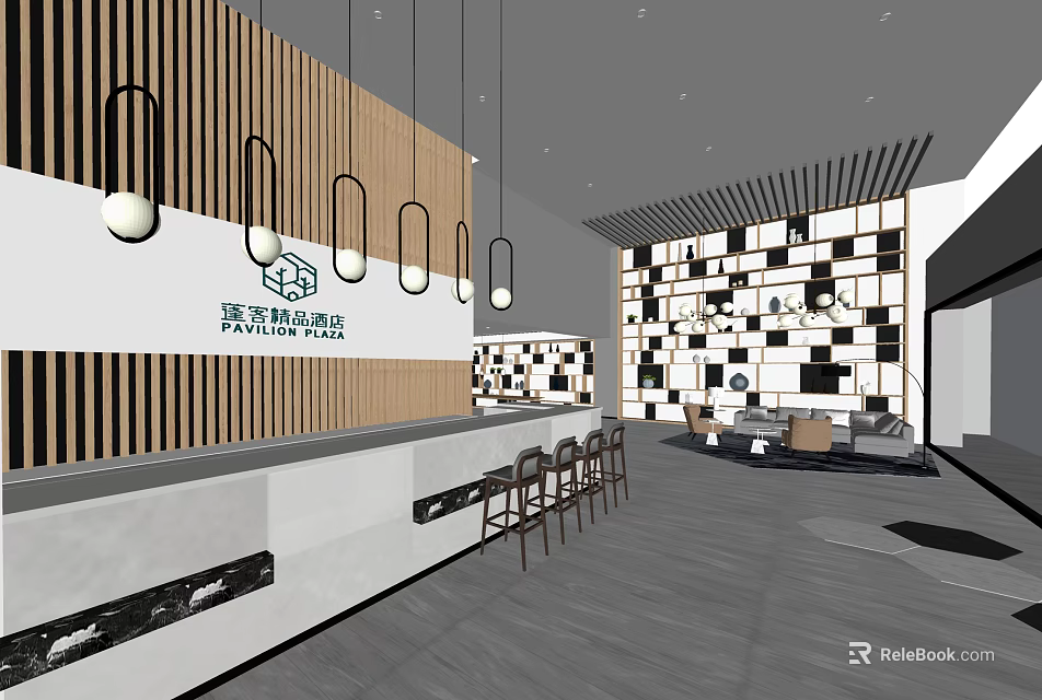 Modern Hotel Lobby Interior With Reception Desk Pendant Lights And Geometric Walls 3d model 