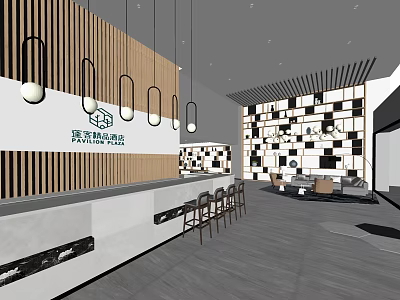 Modern Hotel Lobby Interior With Reception Desk Pendant Lights And Geometric Walls 3d model