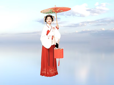 Woman in traditional Hanfu holding red umbrella and red bag by water with blue sky 3d model