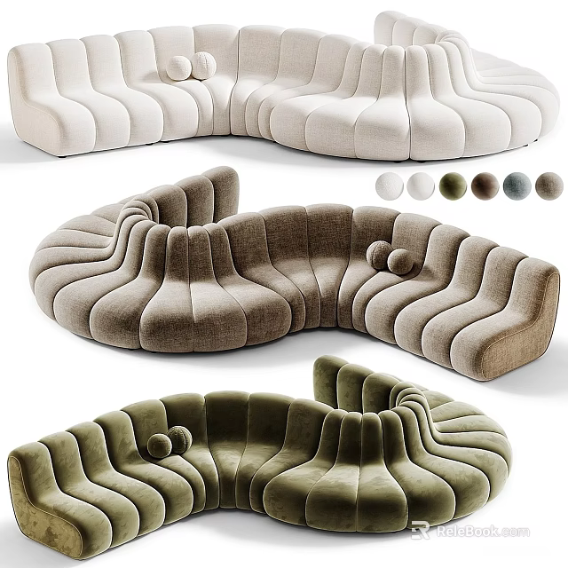 Multi Person Sofa Curved Design With Wavy Texture Velvet Upholstery Available In Various Colors 3d model 
