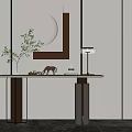 Minimalist Console Table Interior With Round Mirror Green Plant Table Lamp And Decor Items