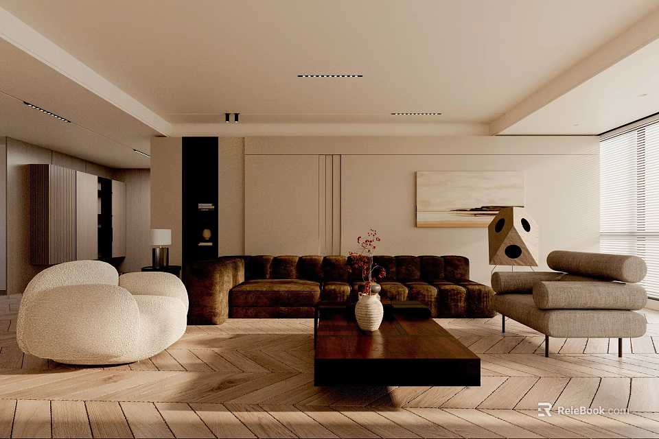 Modern Minimalist Living Room Interior Featuring Brown Sofa White Armchair Herringbone Floor And Coffee Table 3d model 