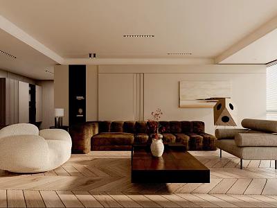 Modern Minimalist Living Room Interior Featuring Brown Sofa White Armchair Herringbone Floor And Coffee Table 3d model