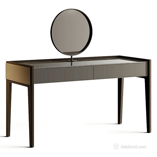 Modern Dressing Table With Circular Mirror Glass Top And Vertical Striped Drawers 3d model 