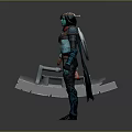 Game Fantasy Warrior Character With Teal Skin Black Hair Red Scarf Armor Holding Large Axe
