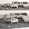 Modern Beige L Shaped Sofa Coffee Table Set With Throw Pillows Gray Rug And Pouf 3d model