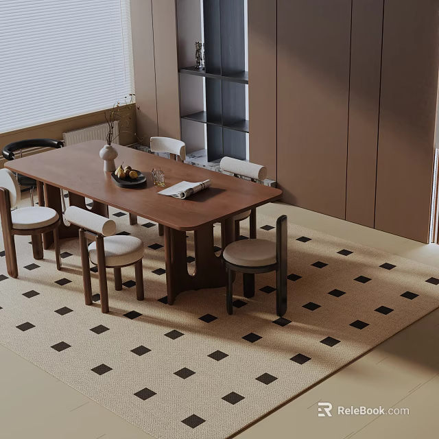 Wooden Dining Table Set With White Chairs And Checkered Rug In Modern Interior 3d model 