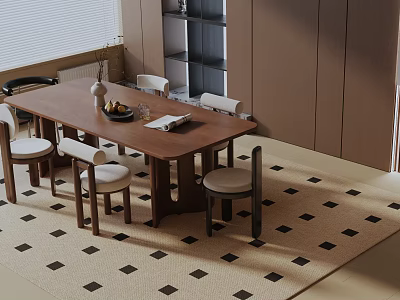Wooden Dining Table Set With White Chairs And Checkered Rug In Modern Interior 3d model