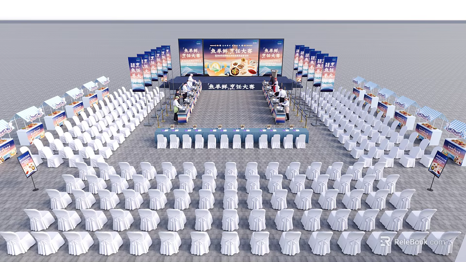 Large Lecture Stage Setup With Backdrop Podium Audience Seats And Display Boards 3d model