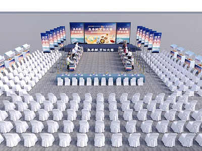 Large Lecture Stage Setup With Backdrop Podium Audience Seats And Display Boards 3d model