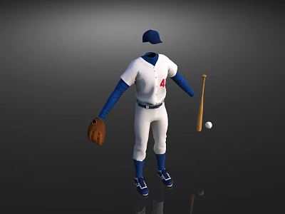 White Baseball Uniform Featuring Blue Sleeves Cap Red Number 4 And Baseball Glove Bat Ball 3d model