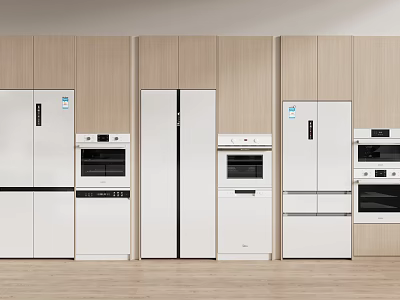 Modern Refrigerators and Freezers in Kitchen With Wooden Cabinets and Built-in Appliances 3d model