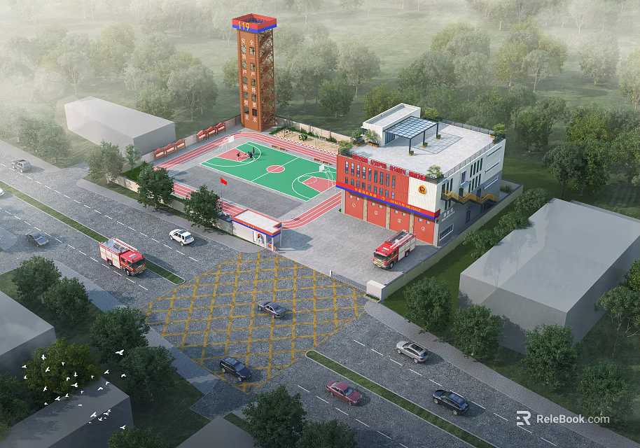 Modern School Building With Red White Exterior Tower Basketball Court And Surrounding Trees 3d model 