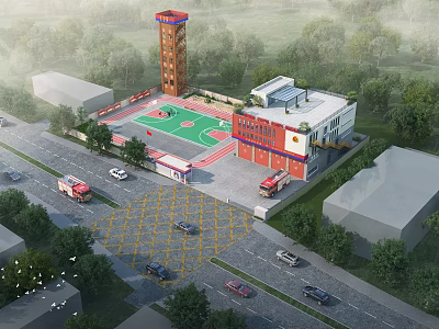 Modern School Building With Red White Exterior Tower Basketball Court And Surrounding Trees 3d model