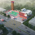 Modern School Building With Red White Exterior Tower Basketball Court And Surrounding Trees