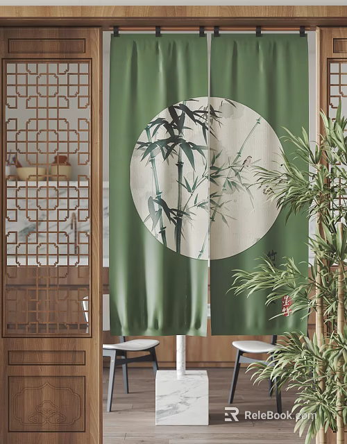 Green Curtain with Circular Bamboo and Bird Pattern in Chinese Style Interior with Wooden Lattice 3d model 