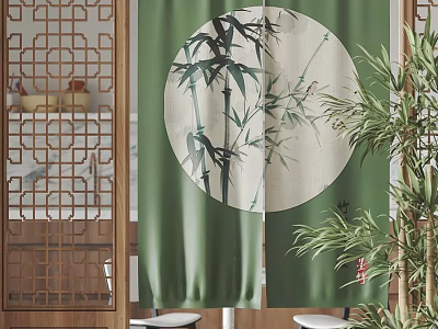 Green Curtain with Circular Bamboo and Bird Pattern in Chinese Style Interior with Wooden Lattice 3d model