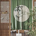 Green Curtain with Circular Bamboo and Bird Pattern in Chinese Style Interior with Wooden Lattice