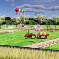 Rural Landscape With Lush Rice Fields Red Tractor Hot Air Balloons Scarecrow And Green Trees