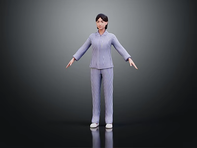 Woman in Blue and White Striped Pajamas with Arms Outstretched Against Black Background 3d model