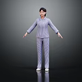 Woman in Blue and White Striped Pajamas with Arms Outstretched Against Black Background