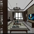 Modern Chinese Dining Room Interior Design With Wooden Screen Pendant Lights And Green Plant