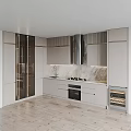Modern Kitchen Interior With Light Gray Cabinets Marble Countertops And Stainless Steel Range Hood