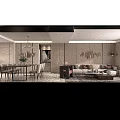 Modern Minimalist Living And Dining Room Interior With Sofa Area Rug And Decorative Painting
